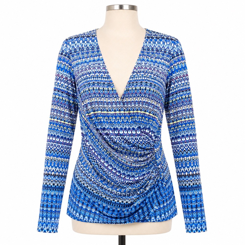 Cache Top Women Medium Blue Geometric Ikat Long Sleeve Ruched V-Neck Faux Wrap